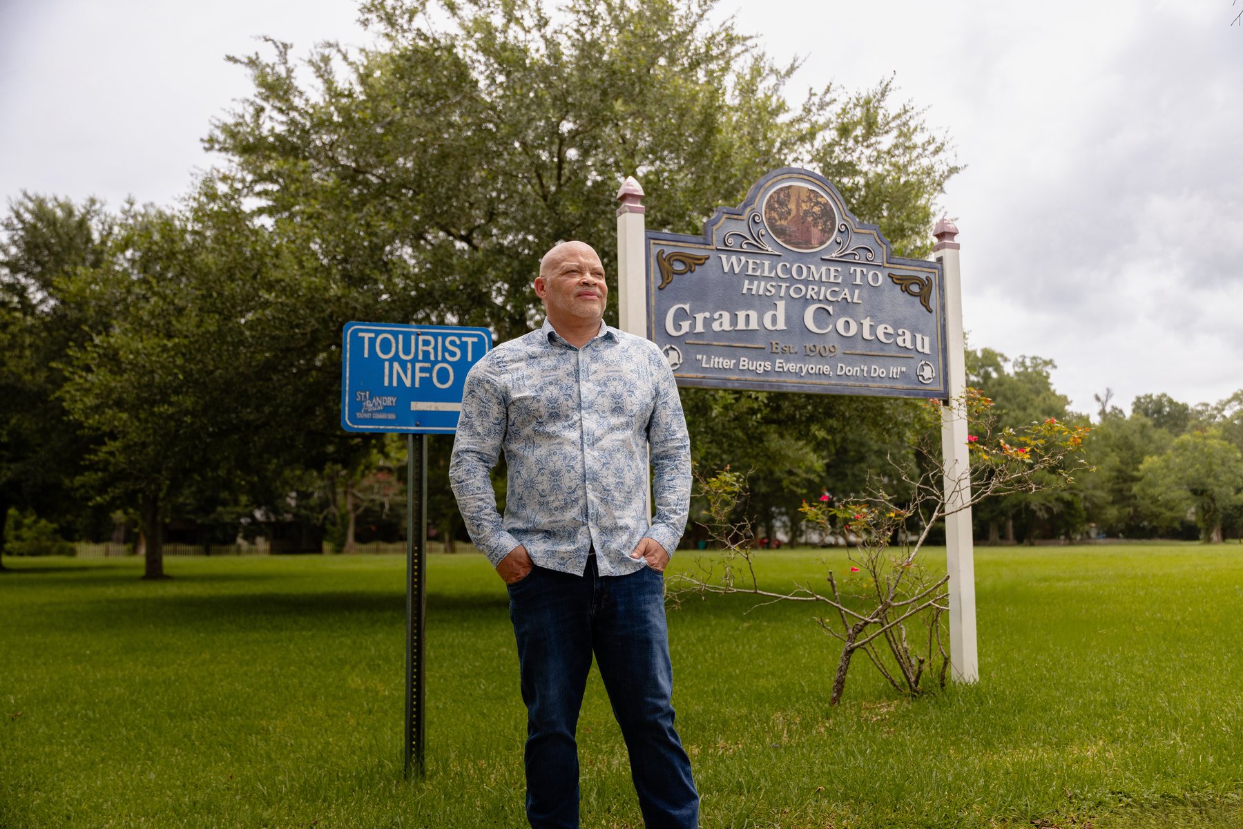 Milton Arceneaux at the Historical Grand Coteau welcome sign